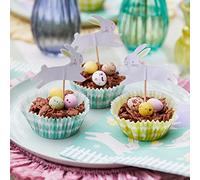 Estuches para cupcakes de Pascua para hornear y decoración de pasteles de conejo, 24 forros de magdalenas de cuadros verdes y amarillos con receta, actividades para niños