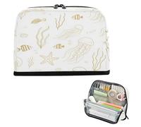 Estuches para lápices de gran capacidad, bolsas de maquillaje multiusos para adolescentes, niñas, dibujo de líneas elementales, animales del océano, medusas, estrellas de mar, color dorado y blanco