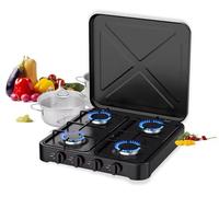 Estufa de camping de gas portátil de 4 quemadores, cocina de mesa de acero inoxidable con control de temperatura ajustable y encendido automático para uso de GLP (negro, F)