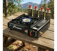 Estufa de gas butano + 4 latas de butano portátil en funda de transporte para 2, 4, 8, 12 botellas de gas, kit de barbacoa para camping, estufa de camping con encendido automático y control de calor