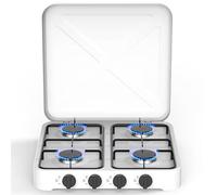 Estufa de gas de camping portátil de 4 quemadores con tapa segura, cocina de gas de mesa de acero inoxidable de 5,4 kW para GLP blanco E, control de temperatura ajustable, encendido automático