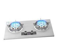 Estufa de gas portátil de 2 quemadores con llama alta, quemador de nueve cavidades de 8,5 kW y protección contra llamas, vidrio templado plateado y estante para ollas de hierro fundido