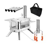 Estufa de leña portátil de metal para tienda de campaña, con ventana, chimenea y bolsa de almacenamiento, para calentar y cocinar al aire libre (plateada).