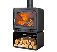 Estufa de leña, quemador de leña de hierro fundido con almacenamiento integrado, calienta 550 pies cuadrados, chimenea de vidrio con lavado de aire para sala de estar, cabina