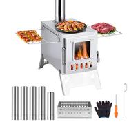 Estufa de sauna y tienda de campaña, estufa de leña portátil 2 en 1 con 5 tubos, estufas plegables de acero inoxidable para calefacción, cocina, pesca en hielo, caza y agua hirviendo, acero inoxidable