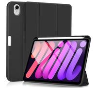 eSTUFF Funda Protectora para iPad Mini 7/6 con Ranura Integrada para Cargar Lápiz - Negro Cuero PU y Transparente