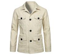 Mens Ligero Safari Chaqueta Casual Lino Botón hasta Multi-Bolsillo Abrigo Cargo Outwear,Beige,L