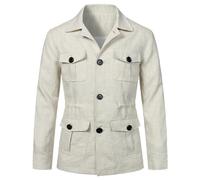 Mens Ligero Safari Chaqueta Casual Lino Botón hasta Multi-Bolsillo Abrigo Cargo Outwear,Blanco,L