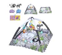 eSynic Baby Play Gym 7 en 1 con Arco y Juguetes Sensoriales Alfombra de Juegos para Bebé con Bordes de Malla Colchoneta de Actividades con Pelotas Bebé Fácil de Instalar Regalo para Recién Nacido