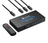 eSynic Conmutadores de Audio Óptico Digital 3 In 1 out, SPDIF TOSLINK Switcher con Control Remoto IR y Cable Óptico de 1 Metro soporta LPCM 2.0, DTS y Dolby AC3 para PS4, BLU-Ray, DVD, HDTV, etc.
