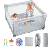 eSynic Corralito Bebé Portátil 127x127cm, Parque Infantil Plegable con Alfombrilla + 50 Bolas, Canasta Baloncesto, Malla Transpirable, 4 Agarraderas y Bolsa Transporte - Juegos Seguros para Bebés