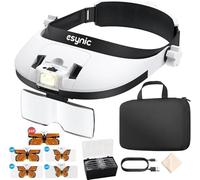eSynic Gafas Lupa de Gran Aumento con 8 Leds Brillo Ajustable Blanco/Amarillo/Mixto, Lupa de Diadema con 5 Lentes 1x 1.5X 2X 2.5X 3.5X Batería Recargable 900mAh para Lectura, Manualidades, etc.