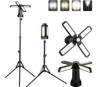 eSynic Luz de Trabajo LED Recargable con Trípode 16000mAh Regulable Cuatro Paneles Foco LED Exterior 4000 Lúmenes Linterna Camping Portátil Garaje Taller Mecánico con Imán Gancho SOS IP66