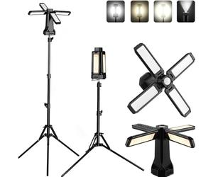 eSynic Luz de Trabajo LED Recargable con Trípode 16000mAh Regulable Cuatro Paneles Foco LED Exterior 4000 Lúmenes Linterna Camping Portátil Garaje Taller Mecánico con Imán Gancho SOS IP66