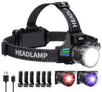 ET Linterna frontal LED recargable con luz blanca/roja/luz UV/luz negra; linterna frontal extremadamente brillante con funcionamiento con pilas, 16 modos, linterna frontal resistente al agua para