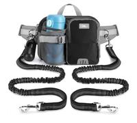 ETACCU Correa de perro manos libres con bolsa para teléfono para 2 perros, soporte para botella de agua, cinturón ajustable de 19 a 38 pulgadas, correa de cinturón para correr, absorción de impactos