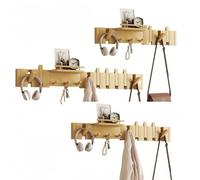 Étagère murale de Rangement en Bois massif, Motif Touches de Piano, Lot de 3, Avec 7, 9 et 11 crochets rétractables, idéale pour l'entrée, la Chambre ou le Couloir. Couleur naturelle.