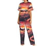 ETASUIOL Conjunto de pijama de 2 piezas para mujer, diseño de Airplane Sunsets Sky, perfecto para el uso diario, descansar en casa, Negro, M