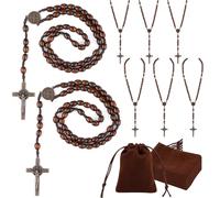 Ethanberg 6 collares de rosario de cuentas de madera, rosario católico tallado en madera con cruz de Jesús, collar de cuentas de rosario de madera a granel con bolsas de organza, regalos de bautizo