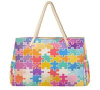 Ethebre Bolsa de playa grande con diseño de rompecabezas colorido para mujer, impermeable, a prueba de arena, con cremallera, múltiples bolsillos, bolsa de viaje para piscina, vacaciones, gimnasio