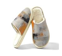 Ethebre Pantuflas de casa con pintura al óleo abstracta y gris naranja para mujeres y hombres, acogedoras y cálidas de felpa para interiores, zapatos de hogar, puntera cerrada, espuma viscoelástica