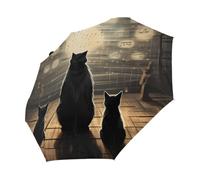 Ethebre Paraguas plegable vintage con diseño de gato y notas musicales, compacto, resistente al viento, impermeable, con protección UV, revestimiento negro, ligero, 8 costillas, portátil, para lluvia