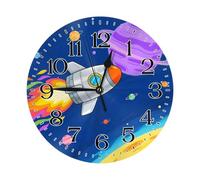 Ethebre Reloj de pared redondo con diseño de cohete y planeta de dibujos animados, silencioso, sin tictac, decorativo, funciona con pilas, con soporte, para sala de estar, dormitorio, cocina, oficina