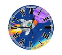 Ethebre Reloj de pared redondo con diseño de cohete y planeta de dibujos animados, silencioso, sin tictac, decorativo, funciona con pilas, con soporte, para sala de estar, dormitorio, cocina, oficina