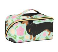 EtherSpher Bolsa de cosméticos con diseño de perro salchicha marrón con divisores, bolsas de maquillaje con cremallera para mujer, accesorios de viaje