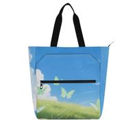 EtherSpher Bolsa de mano decorativa para niños, mujeres, hombres, nubes azules y blancas y hierba verde, resistente, bolsa de biblioteca para profesores, bolsa de biblioteca para escuela y tiempo de