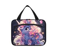 EtherSpher Bolsa de maquillaje colgante con diseño de unicornios blancos de dibujos animados, grande con gancho, bolsa de artículos de aseo de diseño chic para viajeros, camping, bolsos para hombre, L