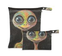 EtherSpher Bolsa húmeda reutilizable de dibujos animados de extraterrestres verdes, paquete de 2 artículos esenciales de viaje para bebés con asas para playa, yoga