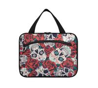 EtherSpher Bolsas de maquillaje de viaje con gancho para colgar, diseño de calaveras de rosas rojas, organizador de artículos de aseo plegable para viajeros, cruceros, estuches para maquillaje, L