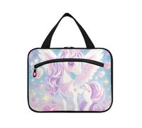 EtherSpher Bonito bolso de maquillaje de viaje con diseño de unicornios y corazones con purpurina para mujer, con gancho, bolso de mano elegante de diseño para viajes, mochileros, bolso de mujer L