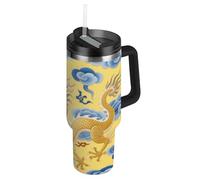 EtherSpher Botella de agua de boca ancha al vacío con diseño de dragón chino con pajilla, resistente a fugas, taza decorativa con asa para agua, té helado o cafetera, acero inoxidable, 40 onzas