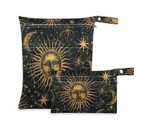 EtherSpher Mystic Golden Sun Moon - Bolsa húmeda a prueba de desorden, paquete de 2 bolsas de pañales esenciales con asas para viajes, pañales de bebé