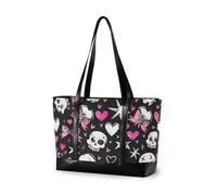 EtherSpher Patrón negro y rubor con calaveras blancas, fondo negro, bonito lazo en la cabeza, corazones, estrellas y lazos al estilo de Monster High, bolsa de mano impermeable con cremallera para