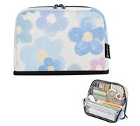 EtherSpher Precioso estuche para lápices de pintura al óleo azul con flores de gran capacidad, bonito estuche para lápices para niñas, suministros de escuela secundaria, cartuchera para ninas