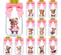 Ethisa Paquete de 12 botellas con cintas y calcomanías con texto en inglés «We Can Bearly Wait» para baby shower, recuerdos temáticos de oso rosa y centros de mesa, decoraciones de cumpleaños, oso de