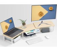 ETHU Soporte para monitor doble, altura ajustable para 2 monitores, soporte para monitor ajustable con cajón y soporte para teléfono, aumento de monitor de longitud y ajuste de ángulo