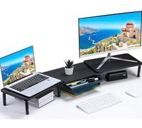 ETHU Soporte para monitor dual, soporte de doble monitor para PC, ordenador, ordenador portátil e impresora, organizador de escritorio con soporte para teléfono y cajón, accesorios de oficina