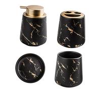 ETHZZLE Juego De Accesorios De Baño Cerámicos Negro Mate Mármol, Taza para Pasta De Dientes, Vaso para Cepillo, Bandeja De Jabón, Set 4 Piezas para Lavabo y Uso Diario