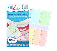 ETIKIDS 40 Etiquetas para ropa personalizables para la guardería y colegio. Pegatinas termoadhesivas con dibujos para escribir el nombre con bolígrafo resistentes a la lavadora y secadora. (Animales)