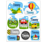 ETIKIDS - Pegatinas Personalizadas con Nombre para Niños, Pack de 9 Etiquetas Adhesivas de Vinilo, Ideales para Juguetes y Objetos Escolares, Resistentes al Agua y al Roce, Vehículos, Pequeño, Vinilo