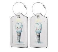 Etiqueta de equipaje con implante dental de dientes sonrientes de acuarela para maleta, paquete de 2 etiquetas de equipaje de cuero con solapa de privacidad, etiqueta de identificación de nombre y