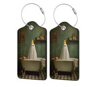 Etiqueta de equipaje de baño divertida con diseño de pato de goma amarillo sobre cabeza de fantasma para maleta, etiqueta de equipaje de cuero con solapa de privacidad, etiqueta de identificación co