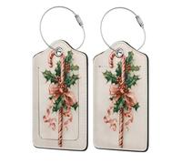 Etiqueta de equipaje de bastón de caramelo de Navidad con lazo de acebo para maleta, paquete de 2 etiquetas de equipaje de cuero con solapa de privacidad, etiqueta de identificación de nombre y lazo