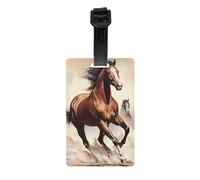 Etiqueta de equipaje de caballo marrón rumbante. Hecha de PVC con una correa desmontable, perfecta para viajes ligeros y una etiqueta de identificación de viaje.