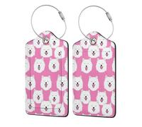 Etiqueta de equipaje de cuero con solapa de privacidad y lazo de metal para maleta, diseño de perro blanco sonriendo en rosa, paquete de 2 unidades