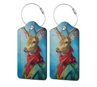 Etiqueta de equipaje de la era victoriana de ciervo con bufanda roja para maleta, paquete de 2 etiquetas de equipaje de cuero con solapa de privacidad, etiqueta de identificación de nombre y lazo de